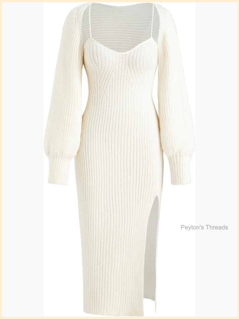 2 Piece Sweater Dress Set Bodycon Midi Dress & Puff Sleeve Shrug